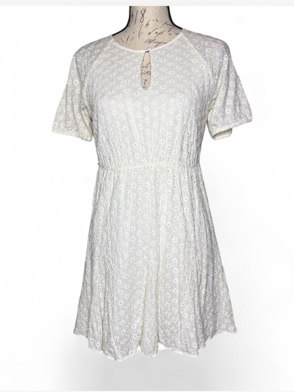Madewell Eyelet Mini Dress Size 2 Puff Sleeve Keyhole Smocked Cotton